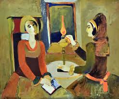 Deux femmes attablées à la lueur d'une bougie, peinture moderne arménienne