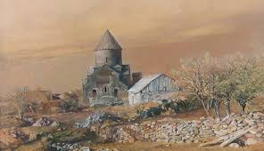 Église arménienne traditionnelle dans un paysage de pierres, peinture