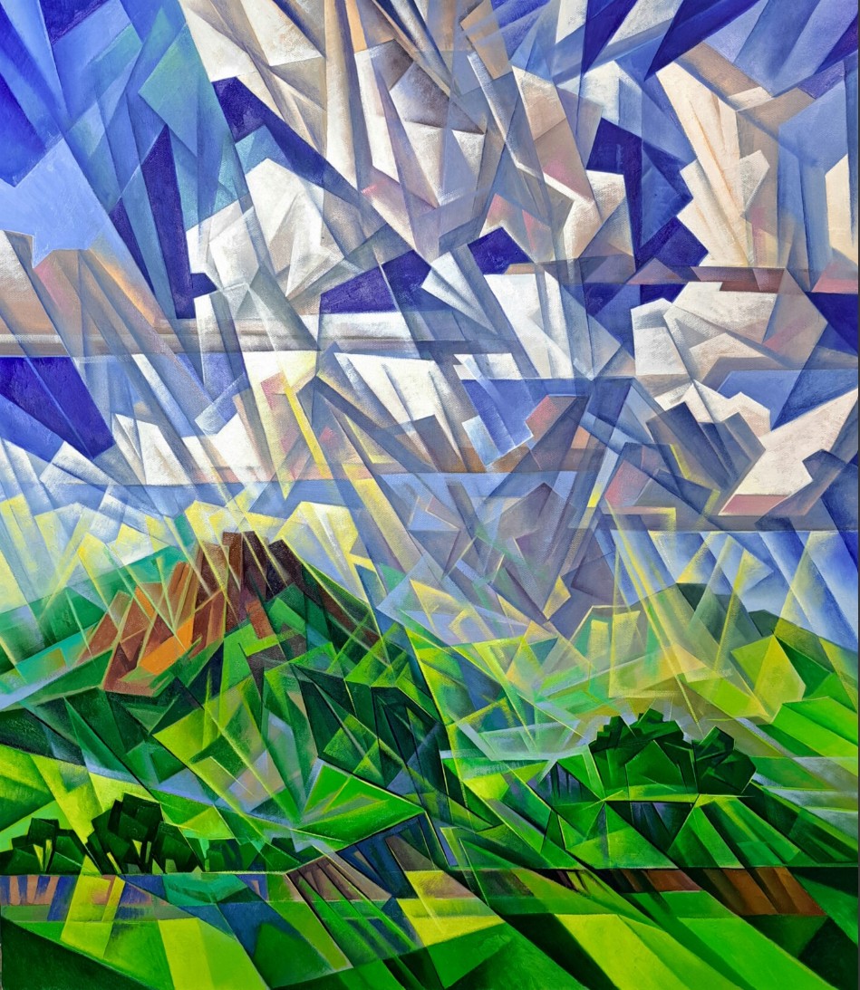 Paysage aux ciels fracturés de bleu et de blanc, collines vertes et un pic brun, rais de lumière — Artsrun Asatryan