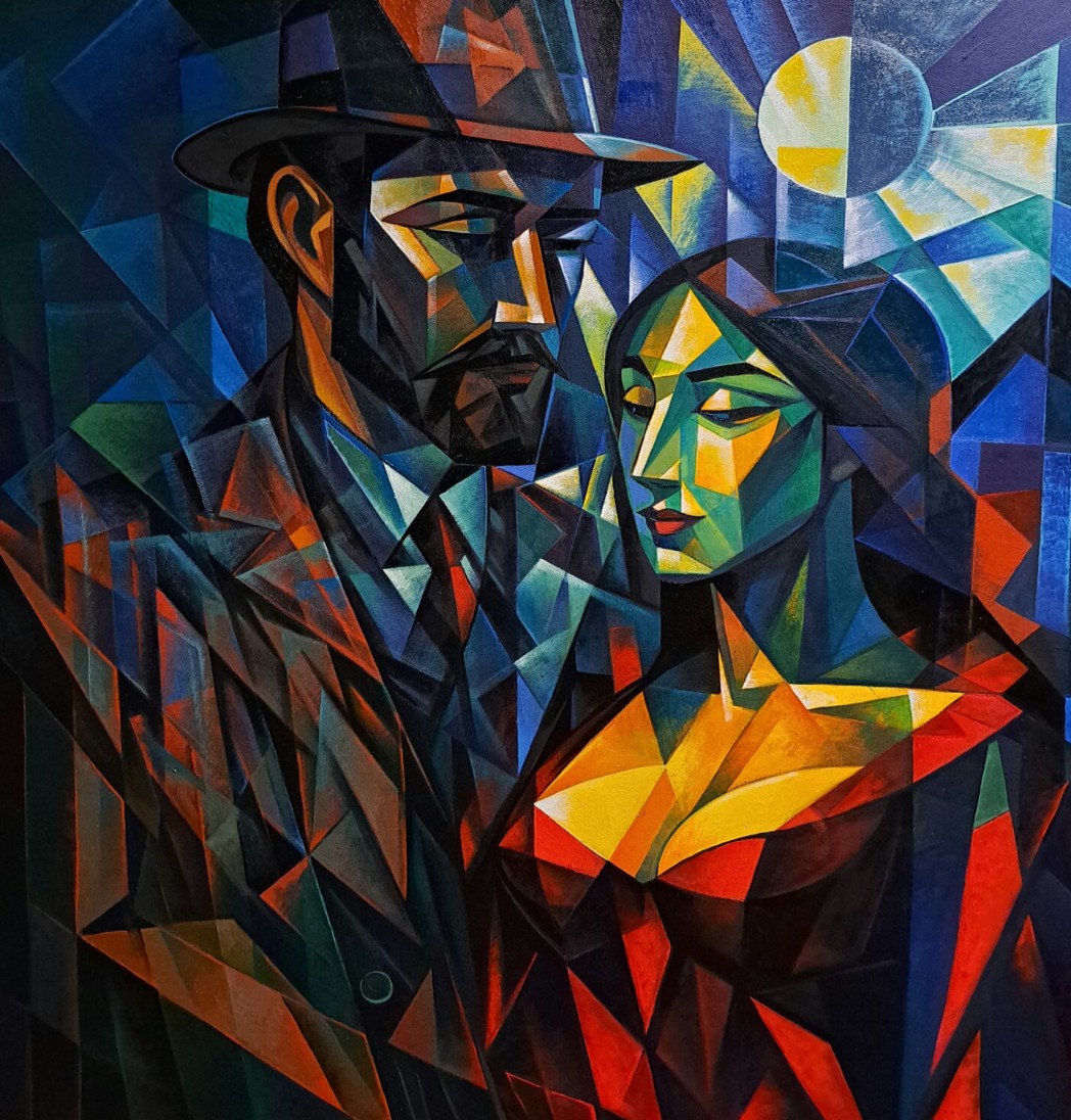 Un couple sous une lune jaune, homme au chapeau et femme, facettes bleues, rouges et orange dans la nuit — Artsrun Asatryan