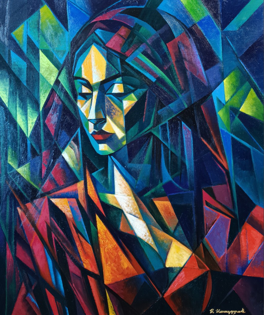 Visage de femme aux yeux clos en facettes bleu et turquoise, éclats orange et rouges en dessous — Artsrun Asatryan