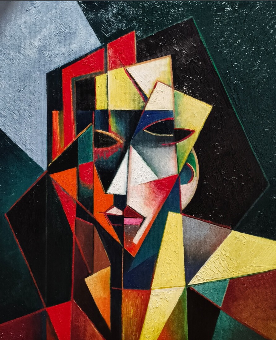 Visage fragmenté en facettes cubistes rouge, jaune, turquoise et vert, deux profils fondus, œil rouge — Artsrun Asatryan