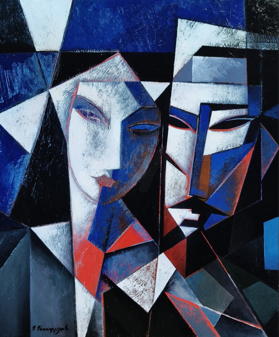 Deux visages enlacés en facettes bleu, blanc et rouge, un couple sur fond sombre — Artsrun Asatryan