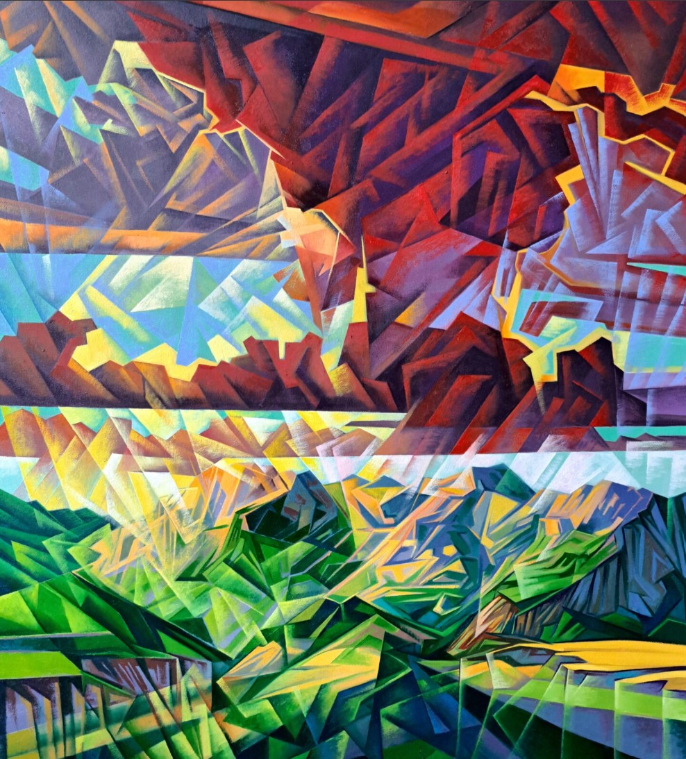 Paysage cubo-futuriste : ciel d'ocre et de rouge en éclats, vallée verte facettée, faisceaux de lumière — Artsrun Asatryan