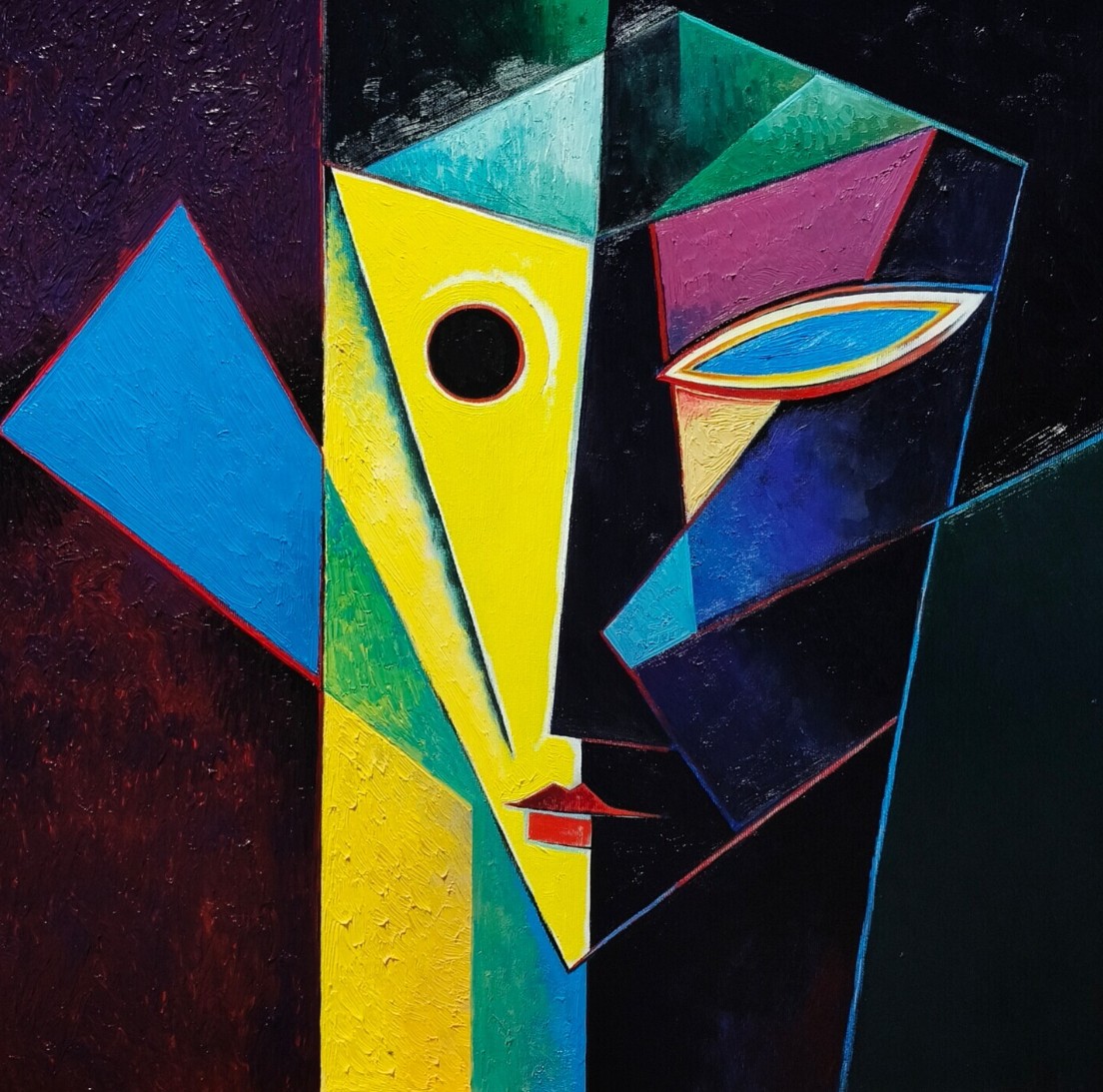 Visage géométrique au nez jaune triangulaire percé d'un disque noir, plans bleu, magenta et turquoise, lèvres rouges — Artsrun Asatryan