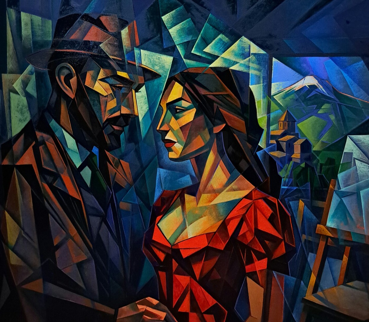 Un homme au chapeau et une femme en robe rouge, facettes chaudes, une petite église au loin — Artsrun Asatryan