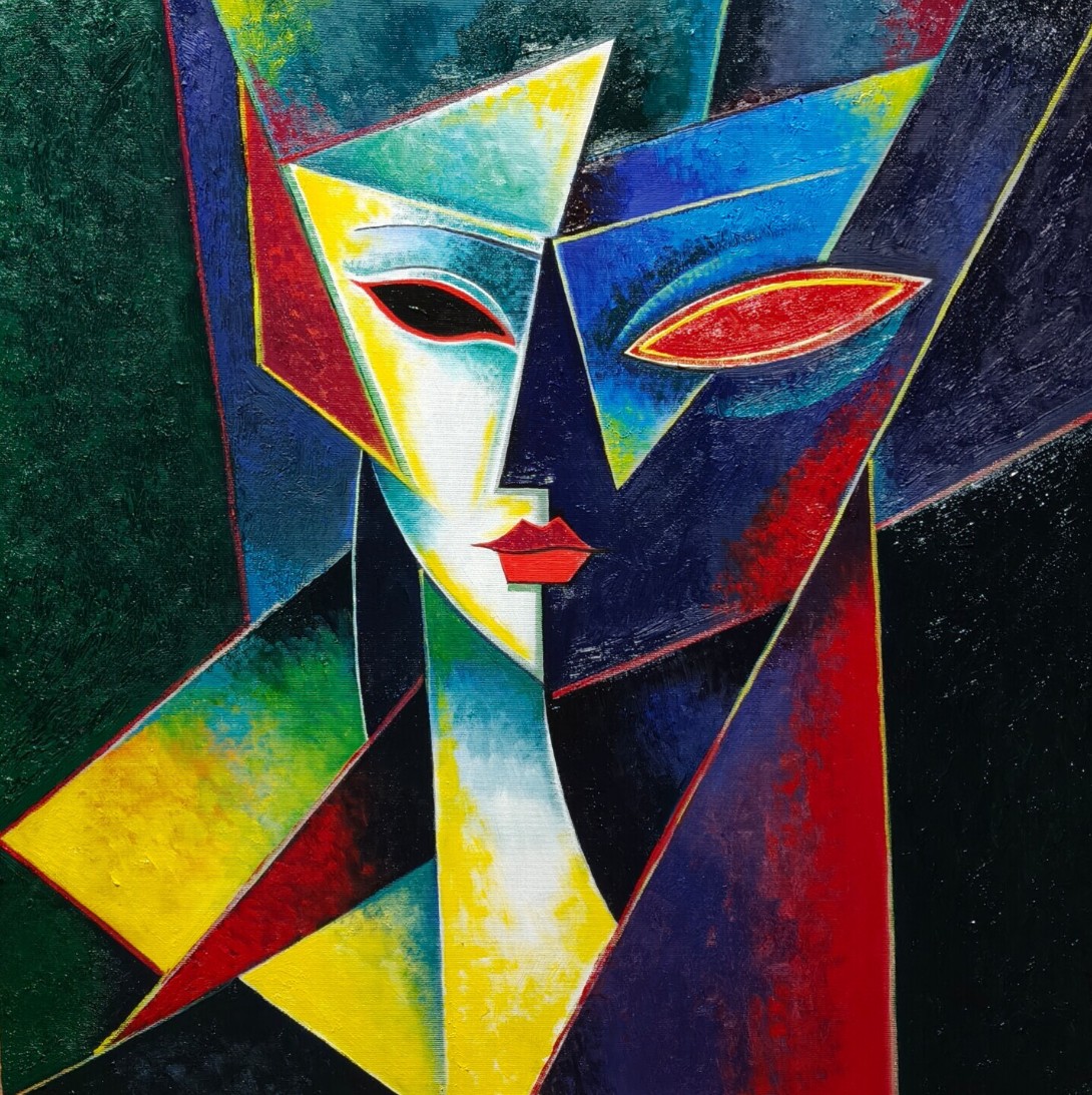 Visage à facettes vives, un œil cerné de rouge et lèvres rouges, cubo-futurisme — Artsrun Asatryan