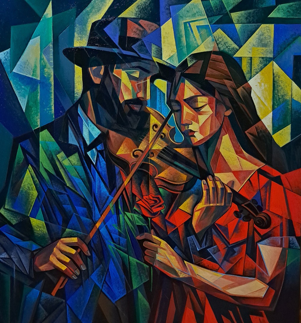 Un homme au chapeau jouant du violon et une femme aux yeux clos, une rose rouge, facettes bleues, vertes et rouges — Artsrun Asatryan