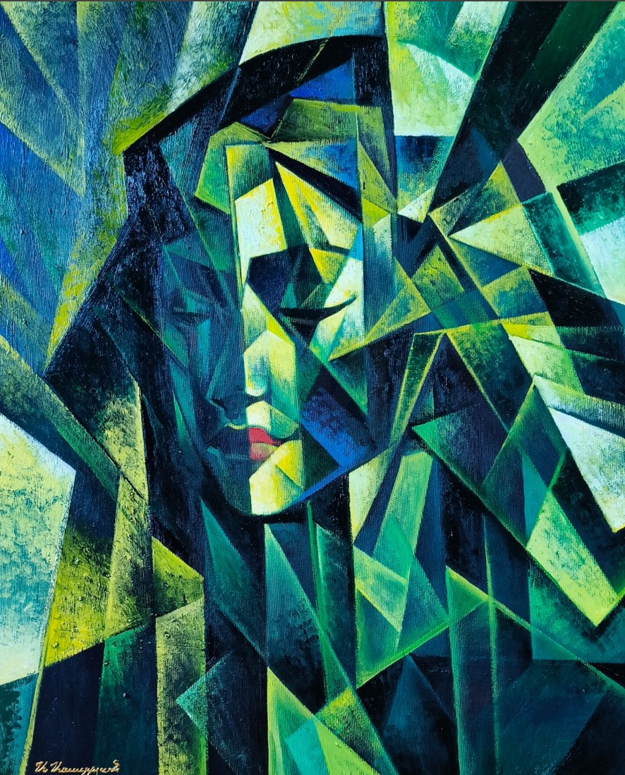 Visage de profil aux yeux clos, éclats d'émeraude et de bleu, une touche de rouge aux lèvres — Artsrun Asatryan