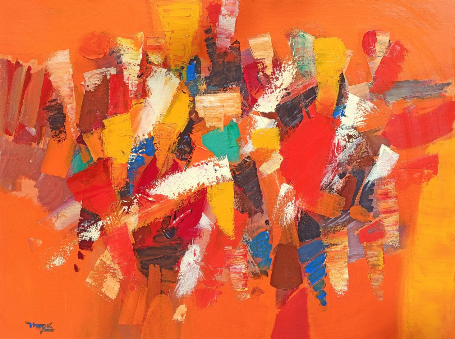 Abstraction au couteau, éclats rouges, jaunes et bleus sur fond orange — Hayk Miqayelyan