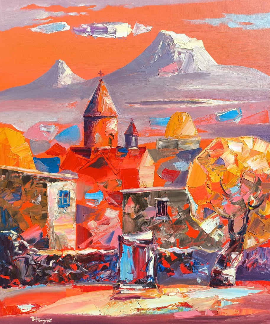 Village à l'église sous le mont Ararat, ciel corail, arbres d'automne, empâtements au couteau — Hayk Miqayelyan
