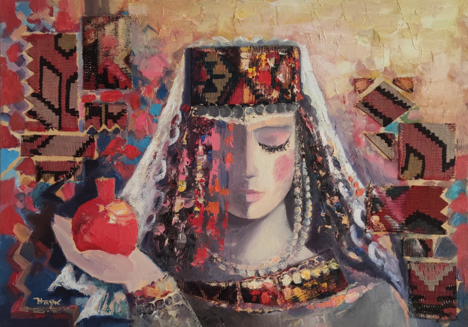 Femme en coiffe traditionnelle arménienne tenant une grenade, tons chauds et or — Hayk Miqayelyan