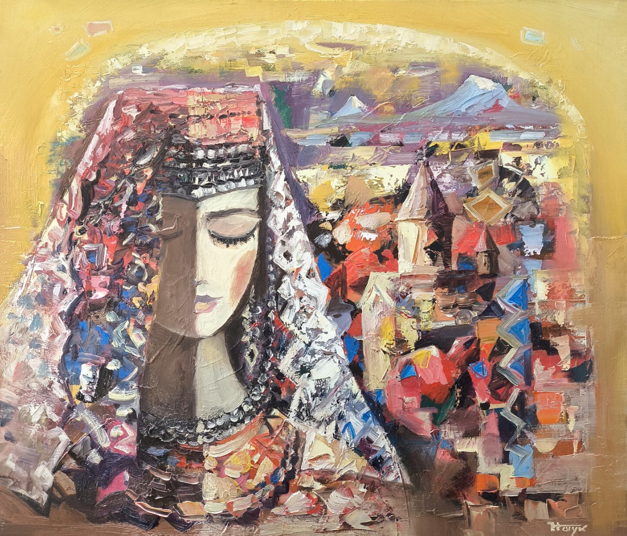 Femme à la coiffe d'argent aux yeux clos, villages et montagnes alentour en rouges et or — Hayk Miqayelyan
