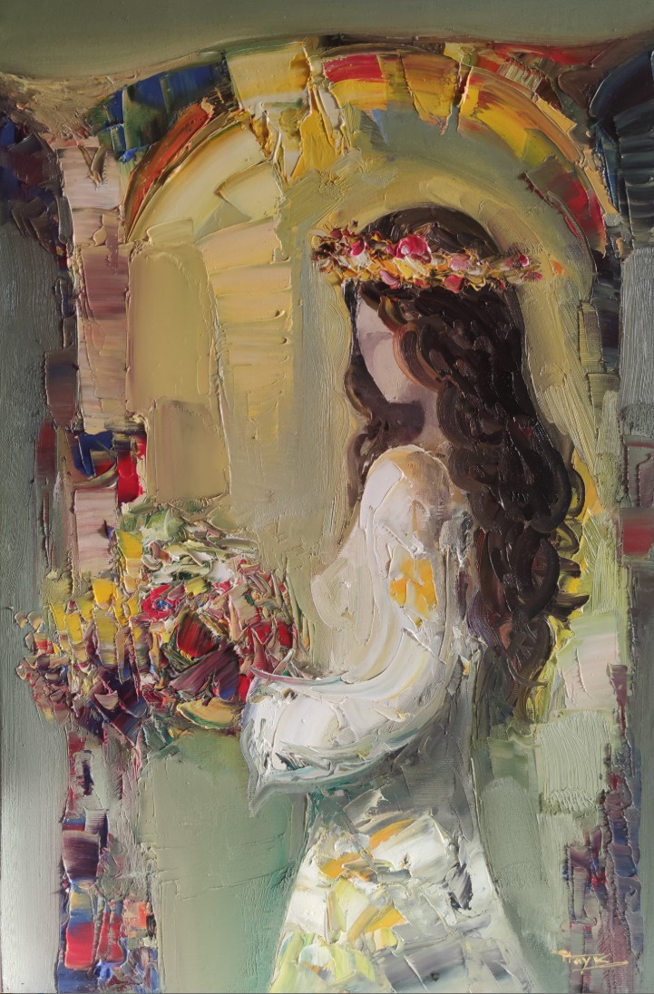 Mariée de profil aux yeux clos, couronne de fleurs, robe blanche et bouquet, arche dorée au couteau — Hayk Miqayelyan