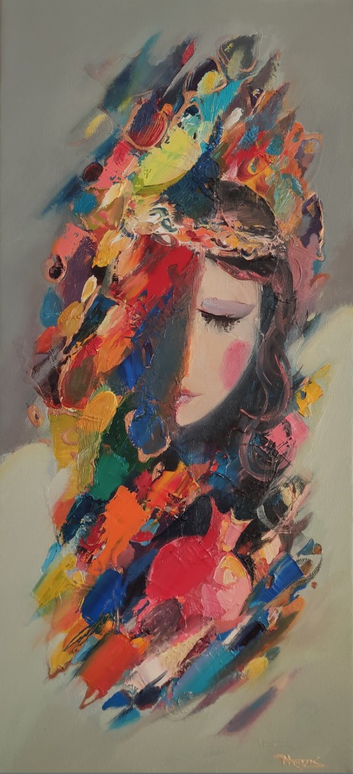 Visage de femme aux yeux clos enveloppé d'une cascade de touches multicolores au couteau, fond gris — Hayk Miqayelyan