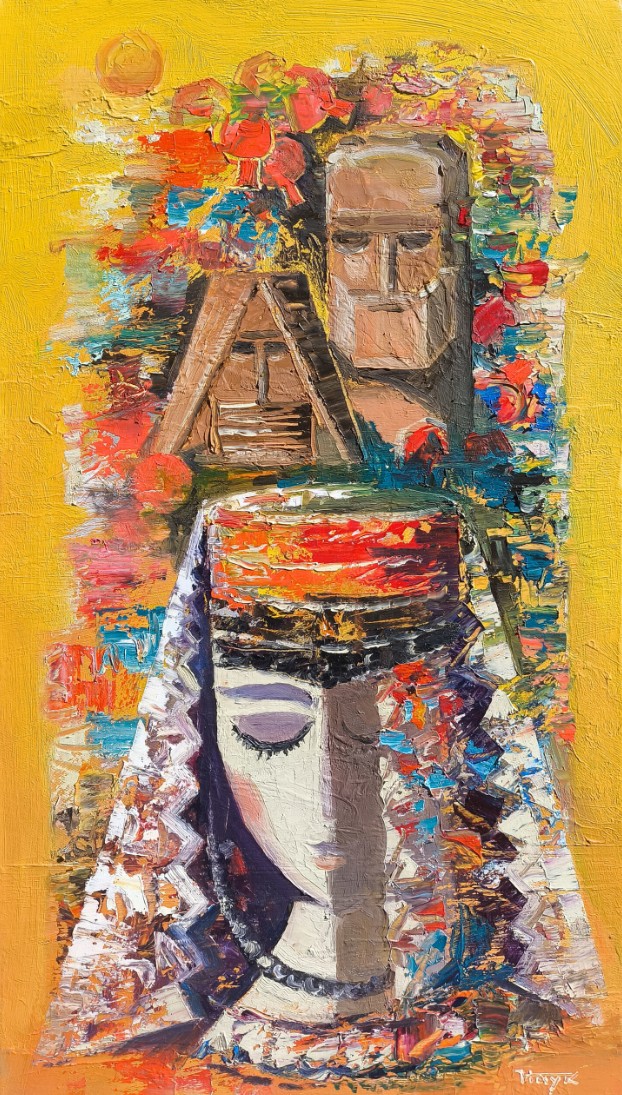 Deux figures superposées, une femme à la coiffe traditionnelle et un aïeul, une maison et un soleil, fond jaune — Hayk Miqayelyan