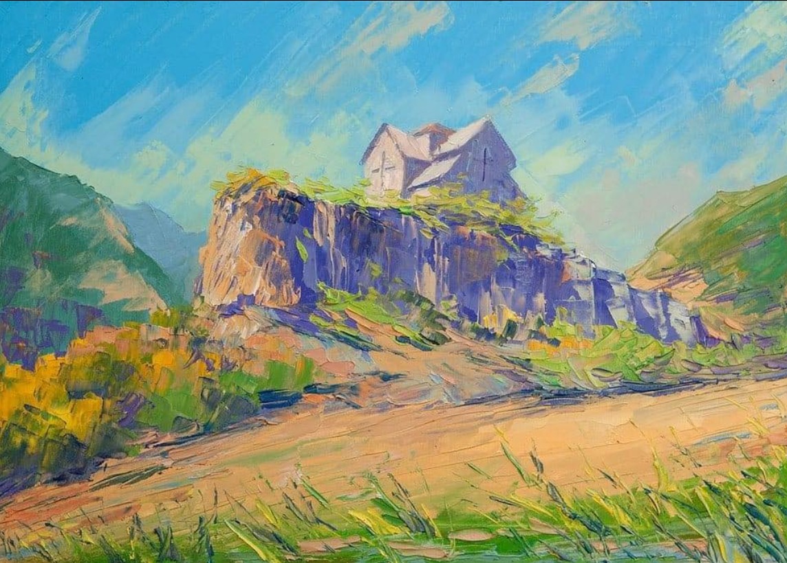 Petite église arménienne posée sur un éperon rocheux, ciel turquoise, touches vives au couteau — Armen Harutyunyan « Lorenc »