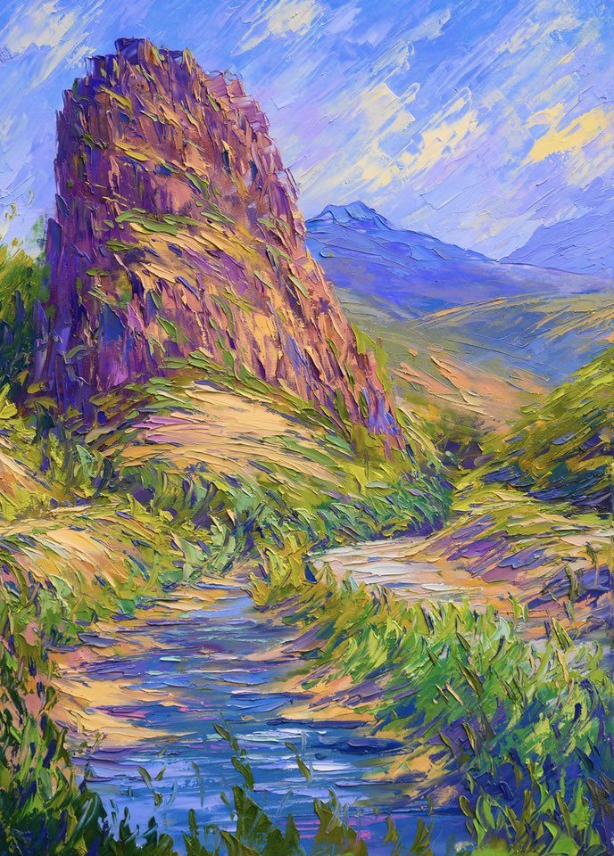 Rivière serpentant au pied d'un grand rocher, collines vertes et ciel d'été, peinture au couteau — Lorenc