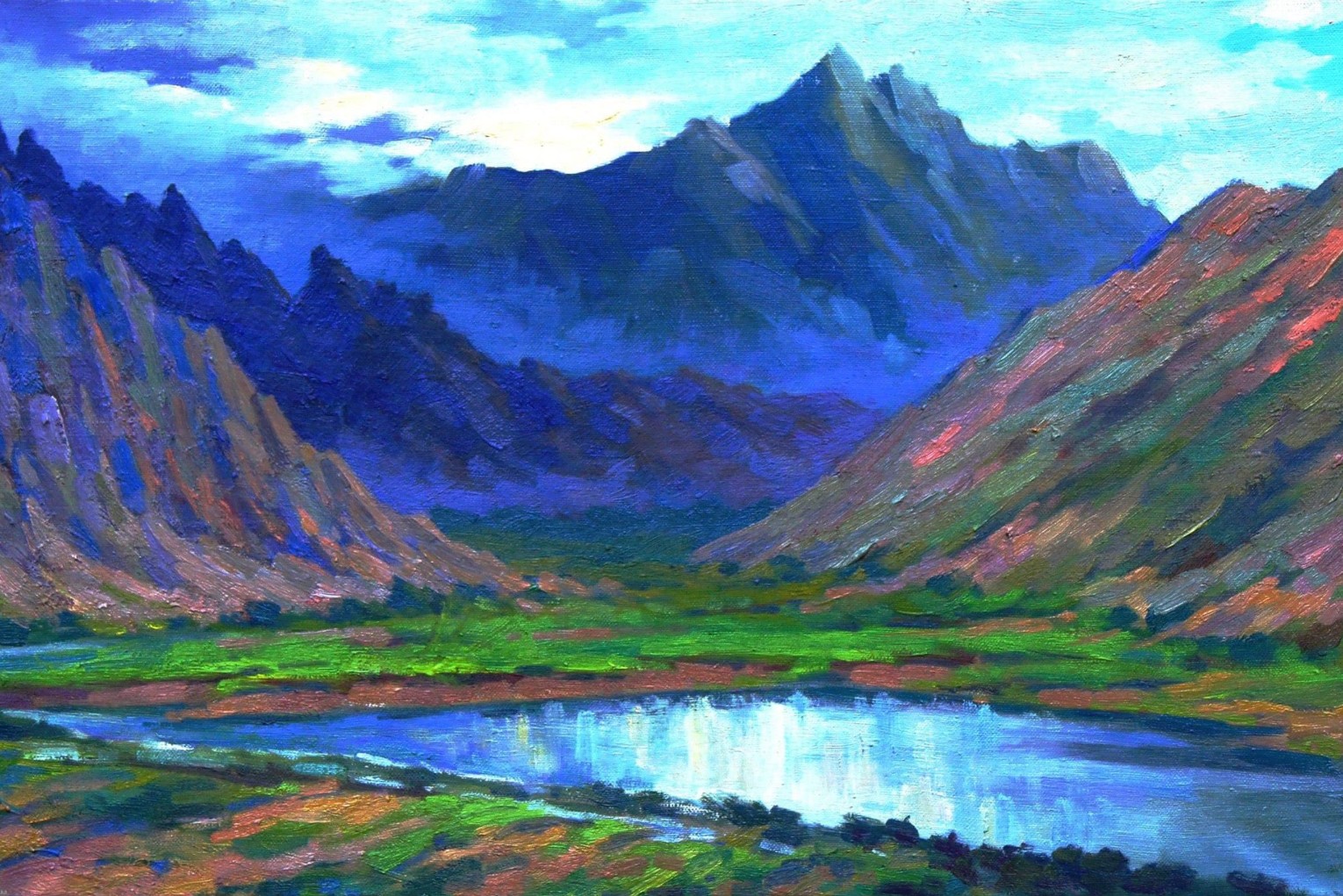 Large vallée bleutée au crépuscule, lac et prairies, montagnes mauves dentelées — Armen Harutyunyan « Lorenc »