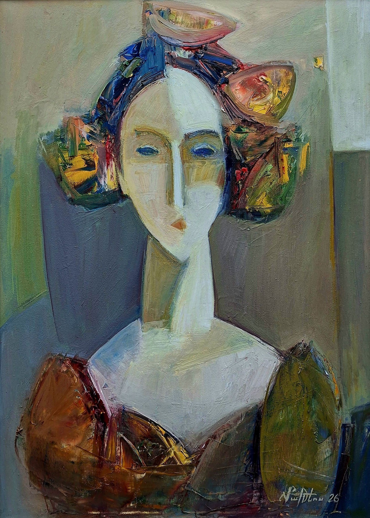 Femme stylisée au long visage et aux yeux bleus, couronne colorée et petit oiseau — Matevos Sargsyan