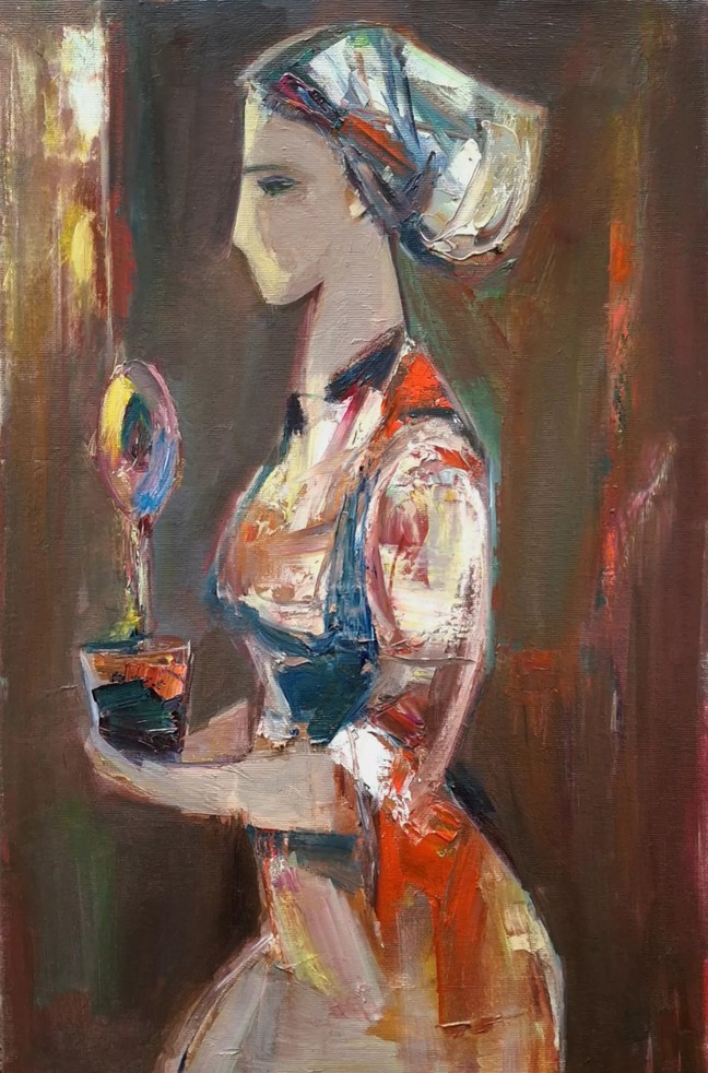 Femme de profil au foulard tenant un petit miroir, robe orangée, fond brun — Matevos Sargsyan