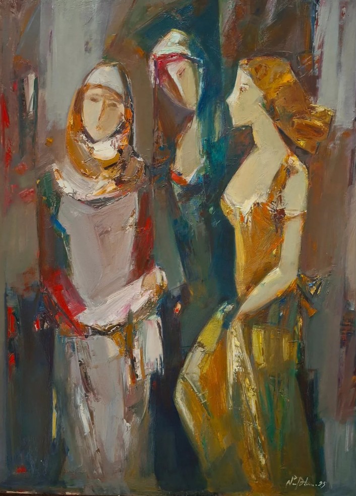 Trois figures féminines enlacées dans une lumière dorée, touches au couteau — Matevos Sargsyan