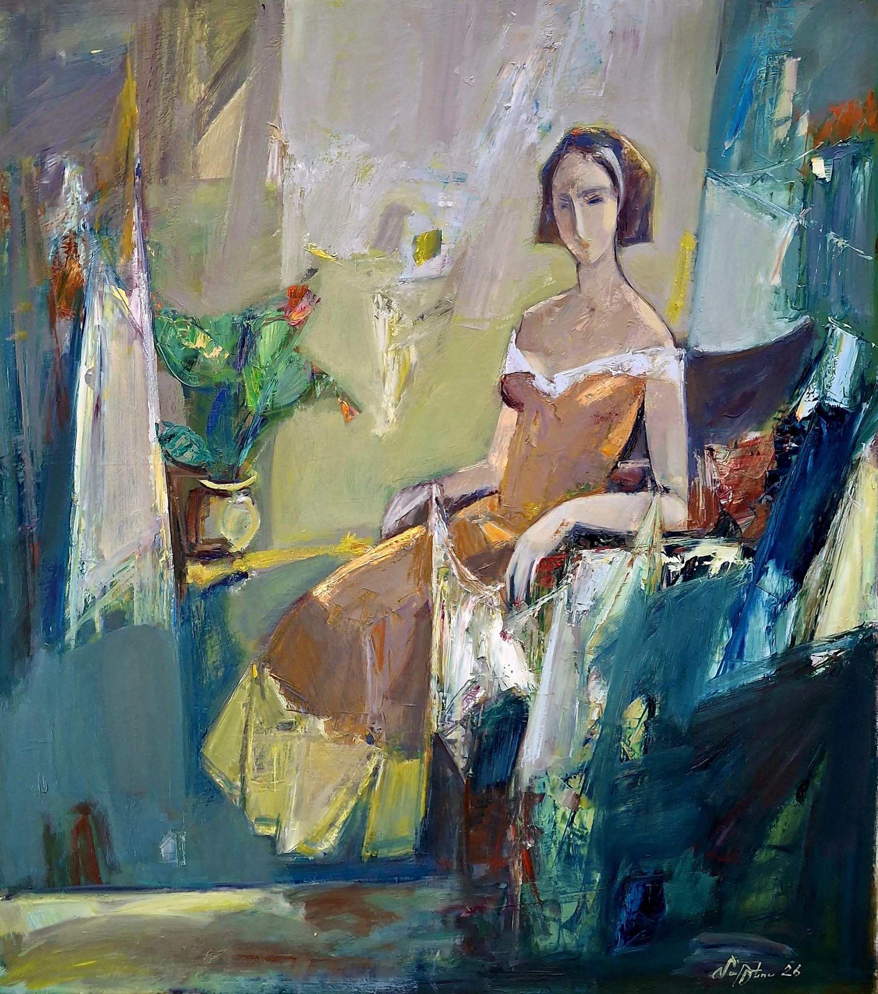 Femme au chapeau tenant un fruit rouge, fond cubiste en ocres et verts — Matevos Sargsyan