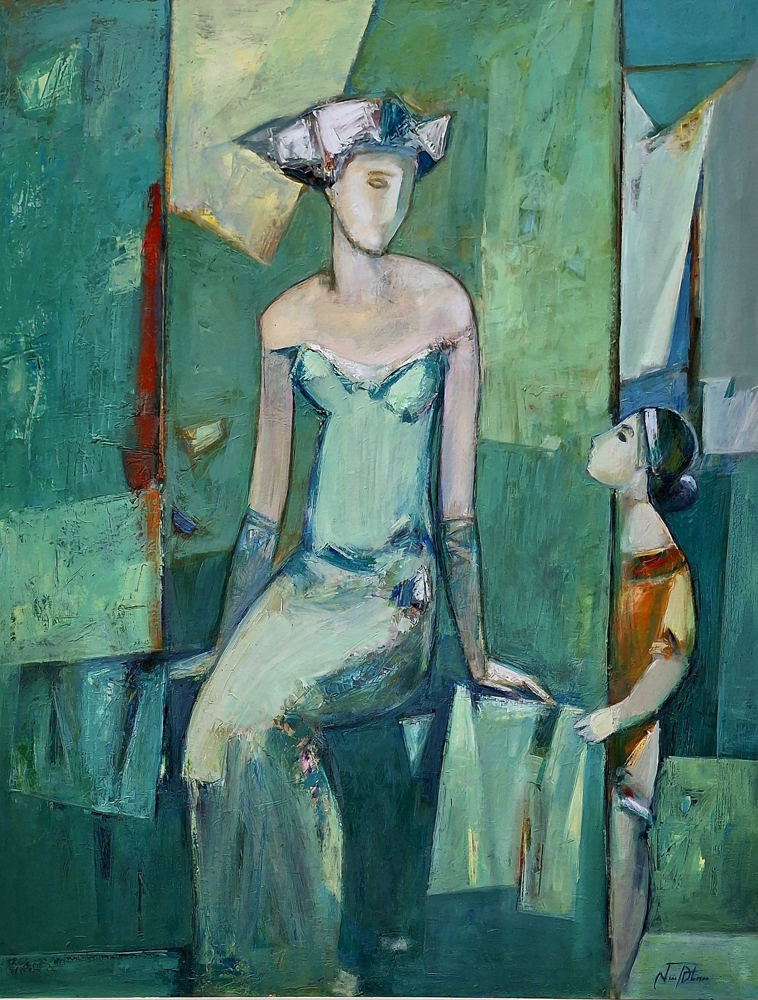 Femme en robe turquoise assise, un enfant à ses côtés, mosaïque de verts au couteau — Matevos Sargsyan