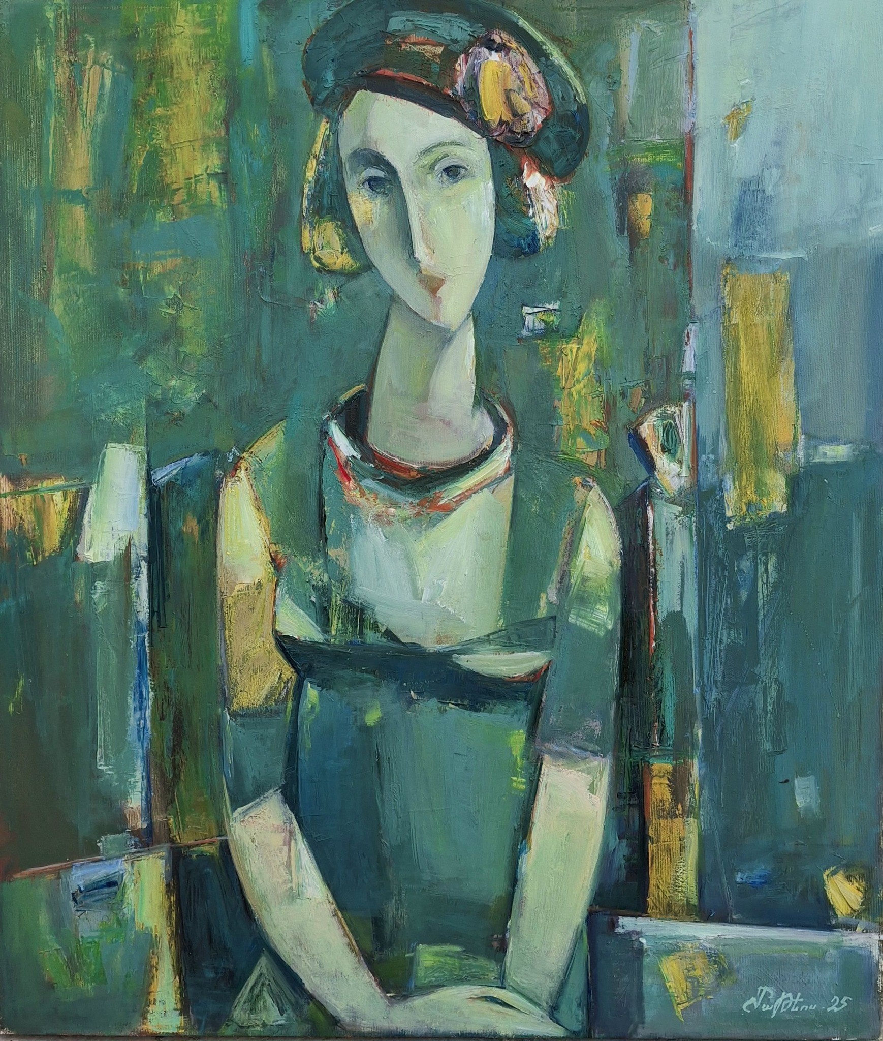 Femme assise en robe et chapeau verts, regard pensif, camaïeu de verts et de bleus — Matevos Sargsyan