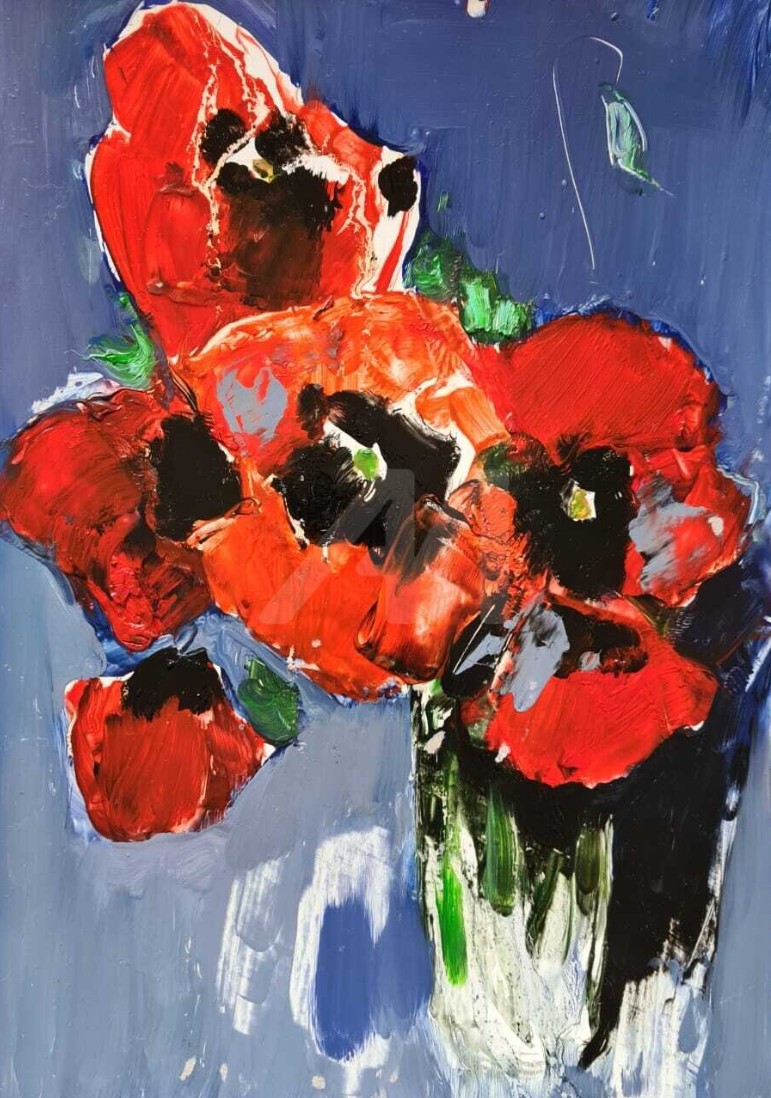 Coquelicots rouges aux cœurs noirs, touche libre sur fond gris-bleu — Mher Chatinyan