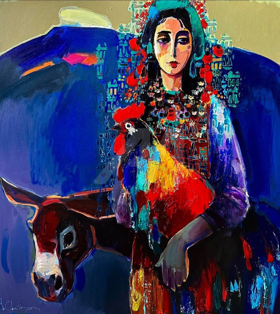 Femme à la coiffe rouge fleurie tenant un coq, un âne bleu à ses côtés — Mher Chatinyan