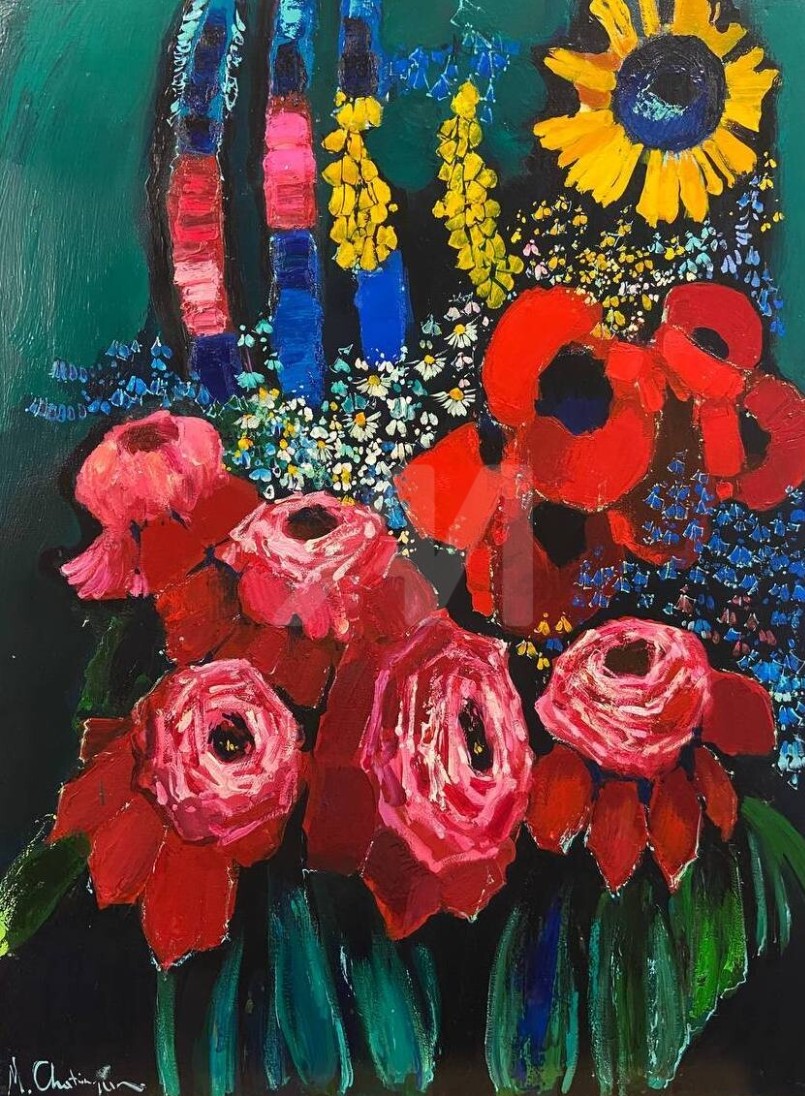 Bouquet de roses rouges, coquelicots, tournesol et marguerites sur fond vert profond — Mher Chatinyan