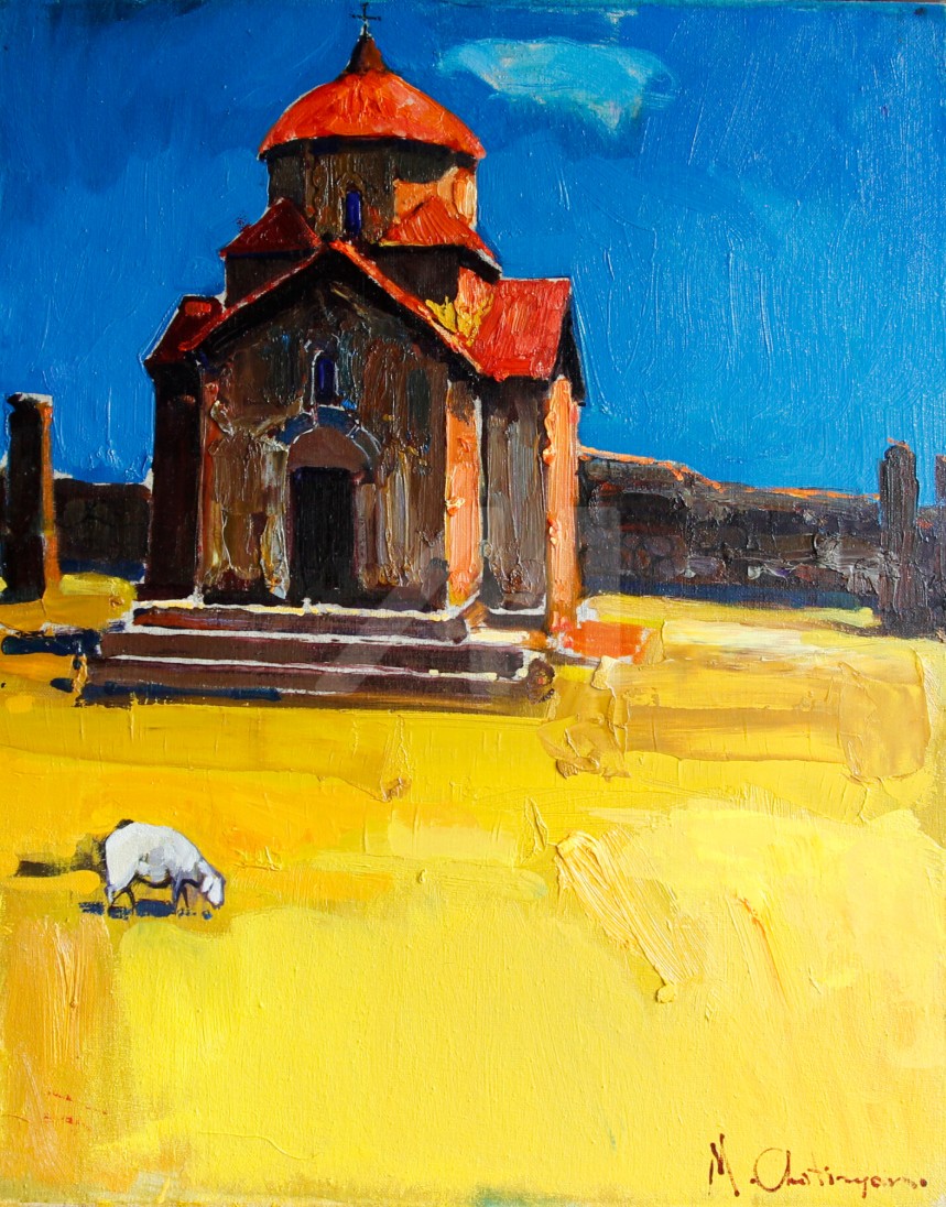 Église arménienne à coupole rouge dans un champ d'or, ciel bleu, un mouton qui broute — Mher Chatinyan