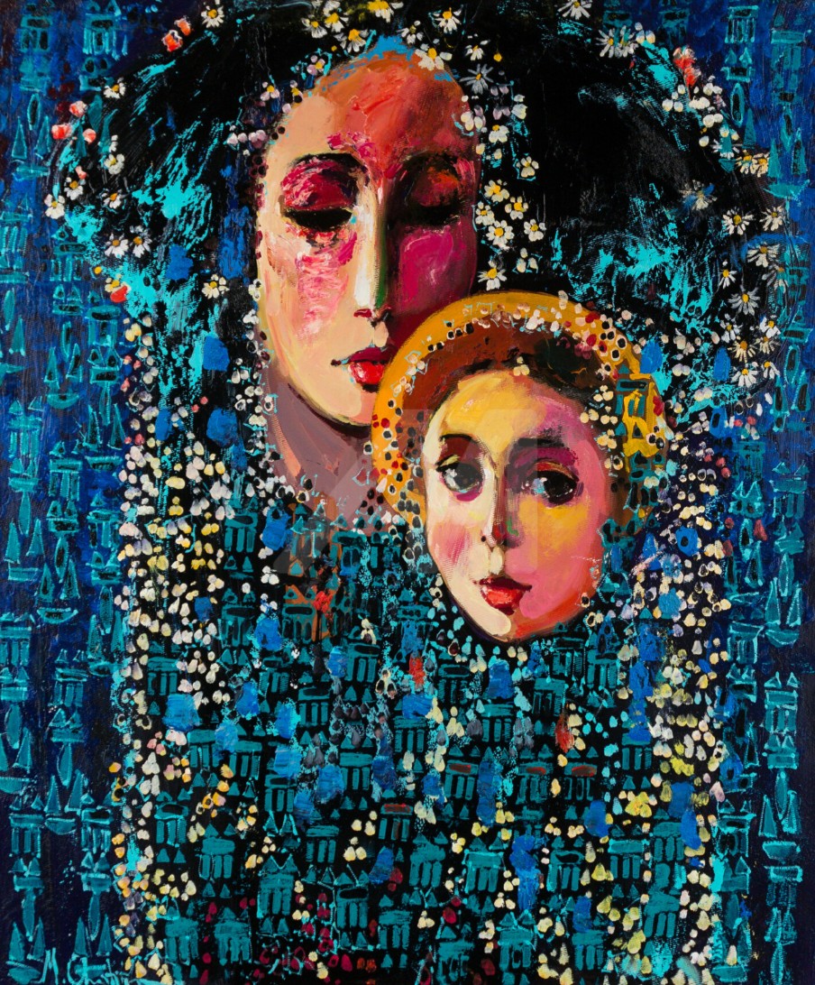 Mère et enfant aux visages d'icône, fond bleu semé de fleurs blanches — Mher Chatinyan