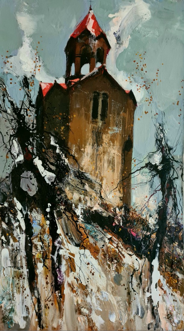 Clocher d'église au toit rouge surgissant d'un fouillis de matière noire, blanche et dorée, ciel gris — Mher Chatinyan