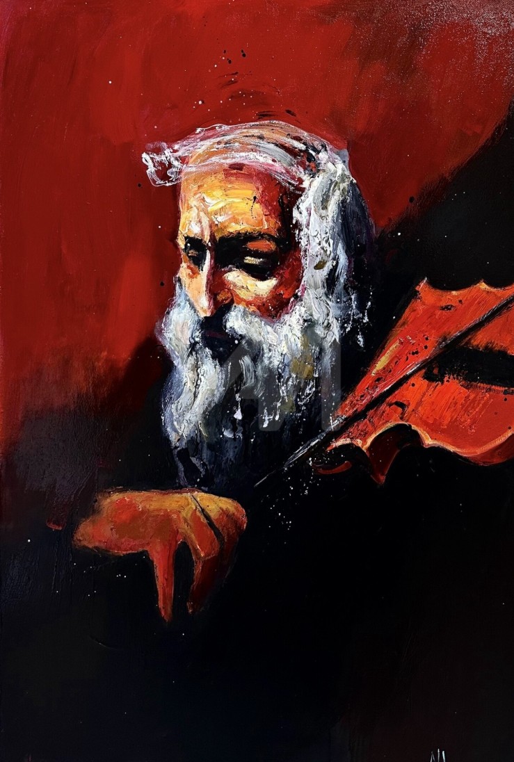 Portrait d'un vieil homme à la barbe blanche tenant un violon rouge, sur fond rouge et noir — Mher Chatinyan