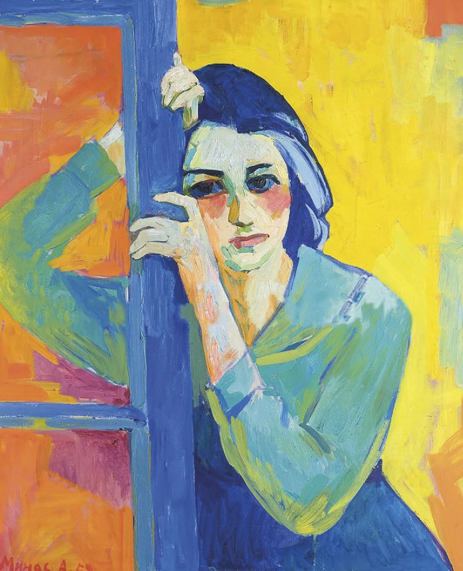 Jeune femme à la chevelure bleue accoudée à une fenêtre, fond jaune et orange éclatant — Minas Avetisyan
