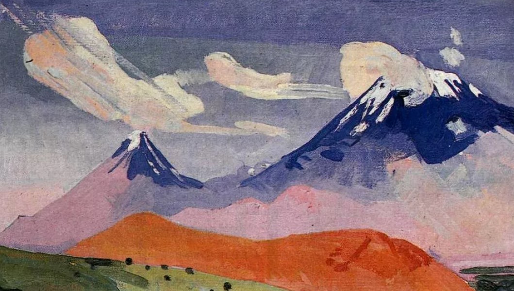 Le mont Ararat à deux cimes sous un ciel mauve, contreforts roses et orange vif — Minas Avetisyan, 1961