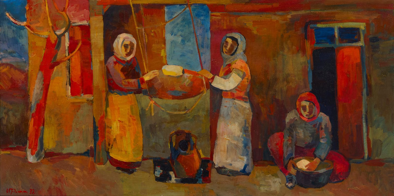 Trois femmes barattant le beurre devant une maison, tons chauds de terre et de rouge — Minas Avetisyan, 1972