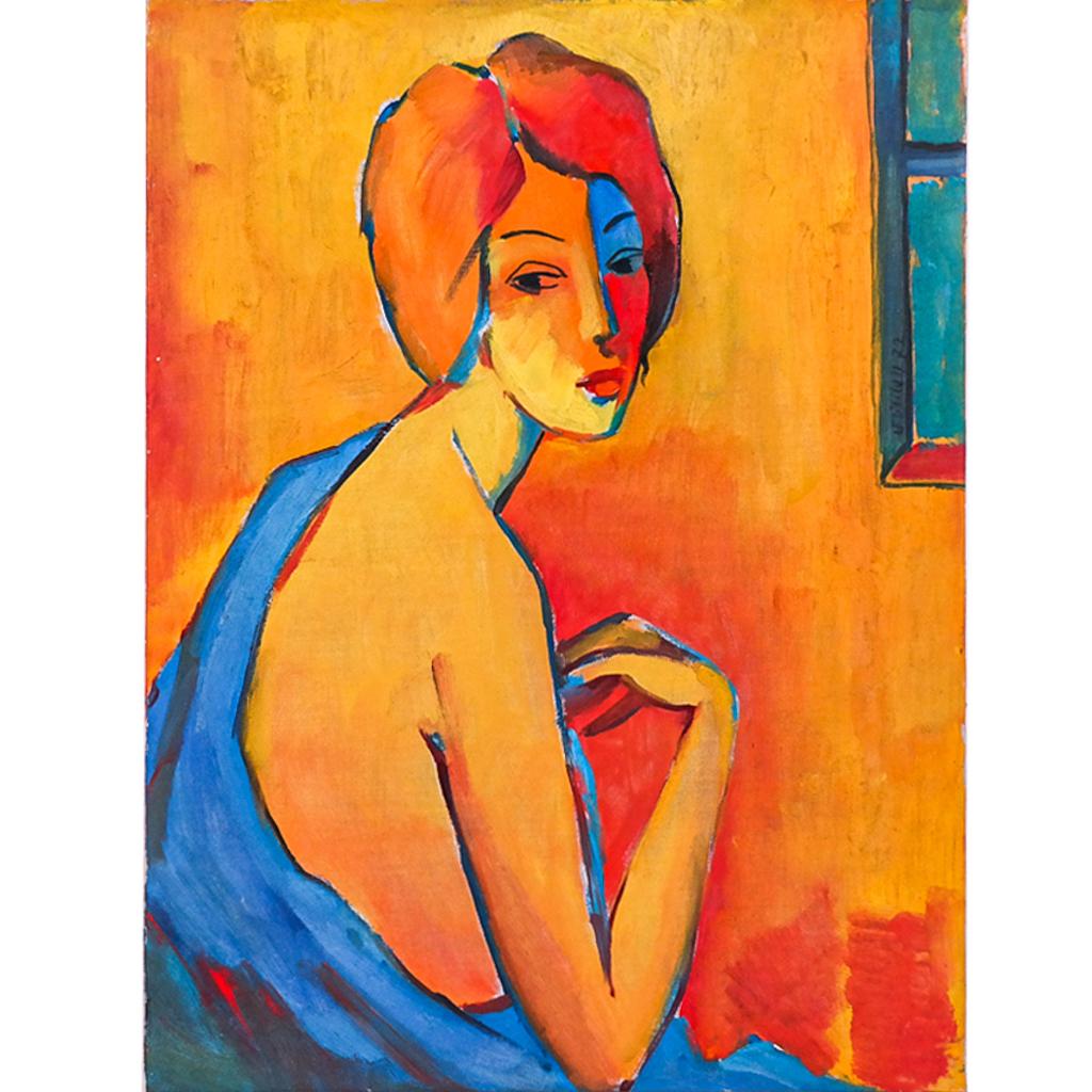 Portrait fauve d'une jeune femme drapée de bleu, chevelure rousse, sur fond orange — Minas Avetisyan