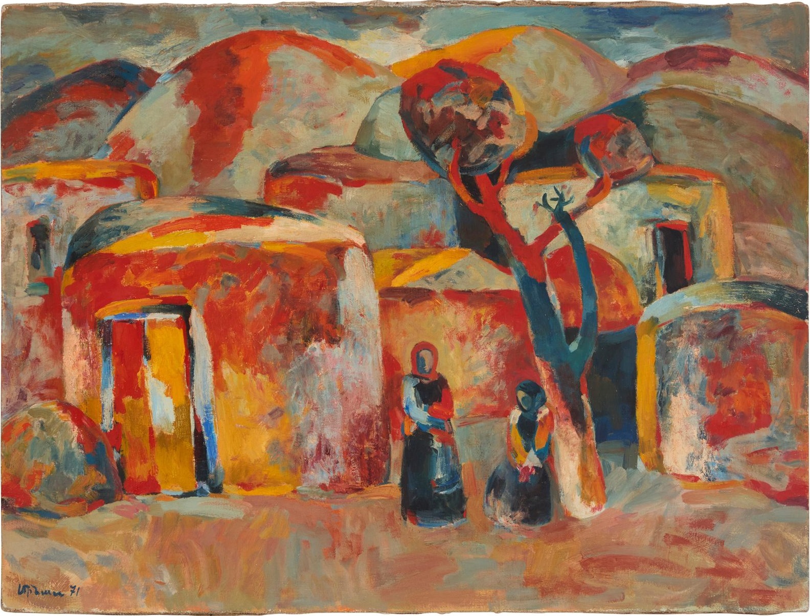 Village arménien aux maisons en coupole, rouges et oranges incandescents — Minas Avetisyan, 1971