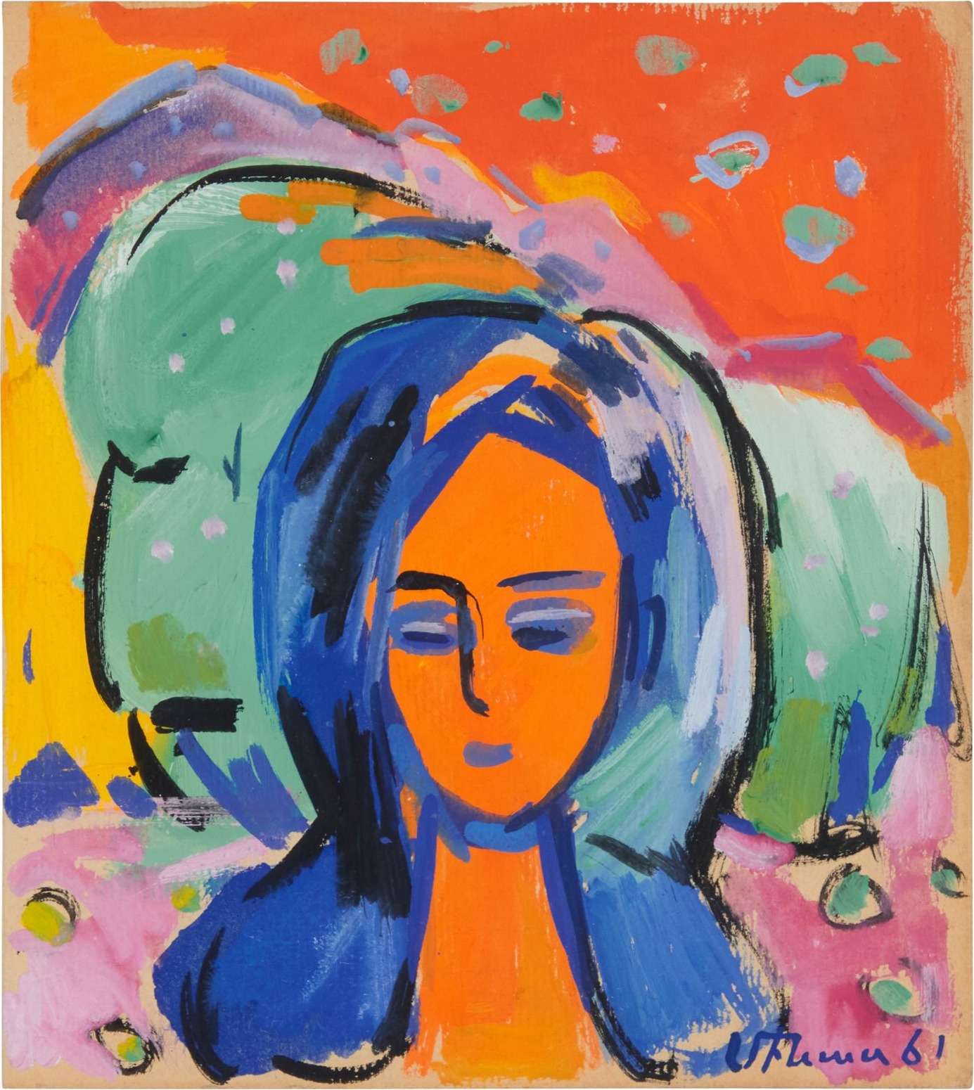 Portrait expressionniste d'une femme à la chevelure bleue sur fond orange et vert — Minas Avetisyan
