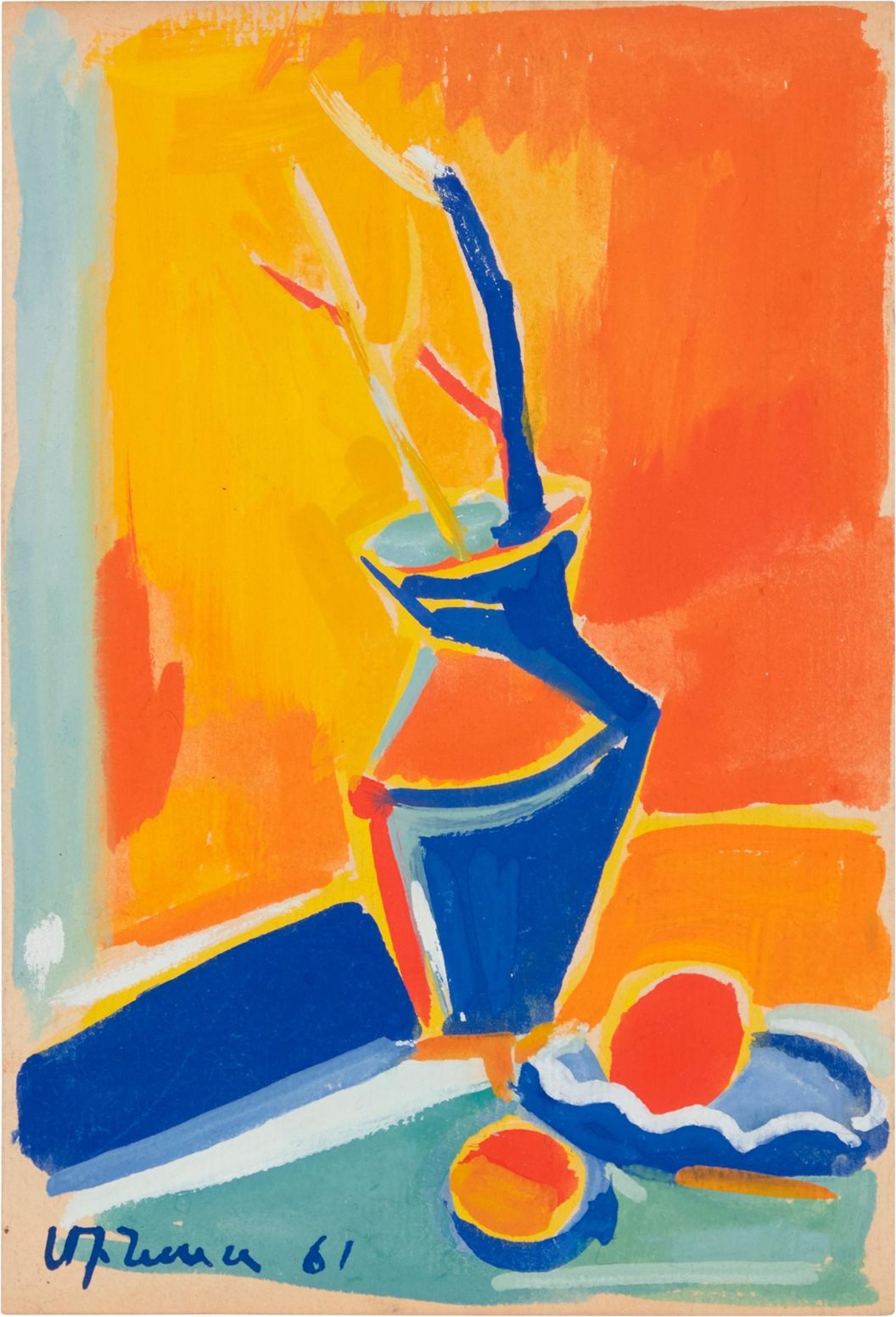 Nature morte fauve : vase bleu et branches sur fond orange — Minas Avetisyan, gouache, 1961