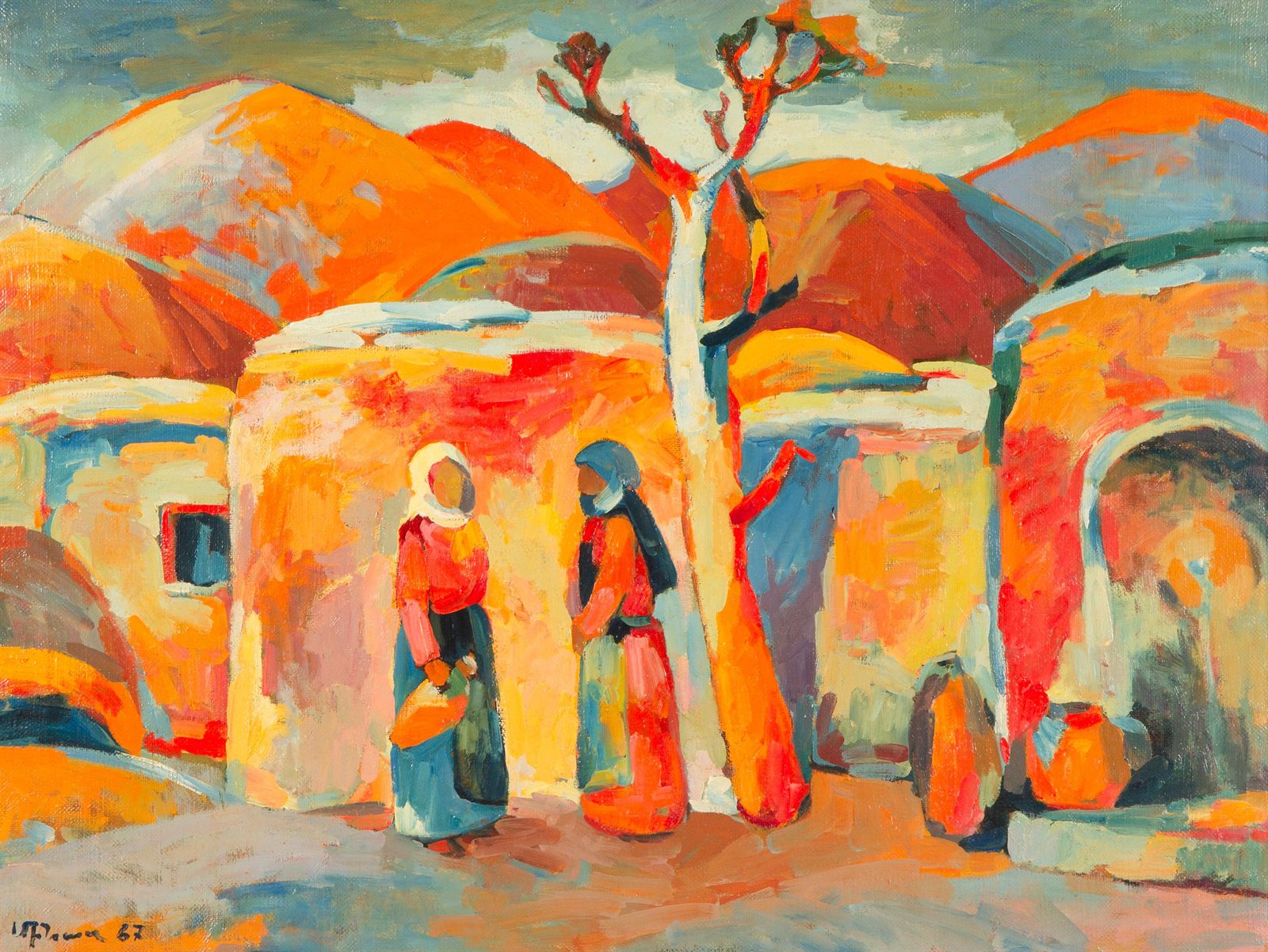 Village arménien aux maisons rondes, deux figures et un arbre, lumière orange — Minas Avetisyan
