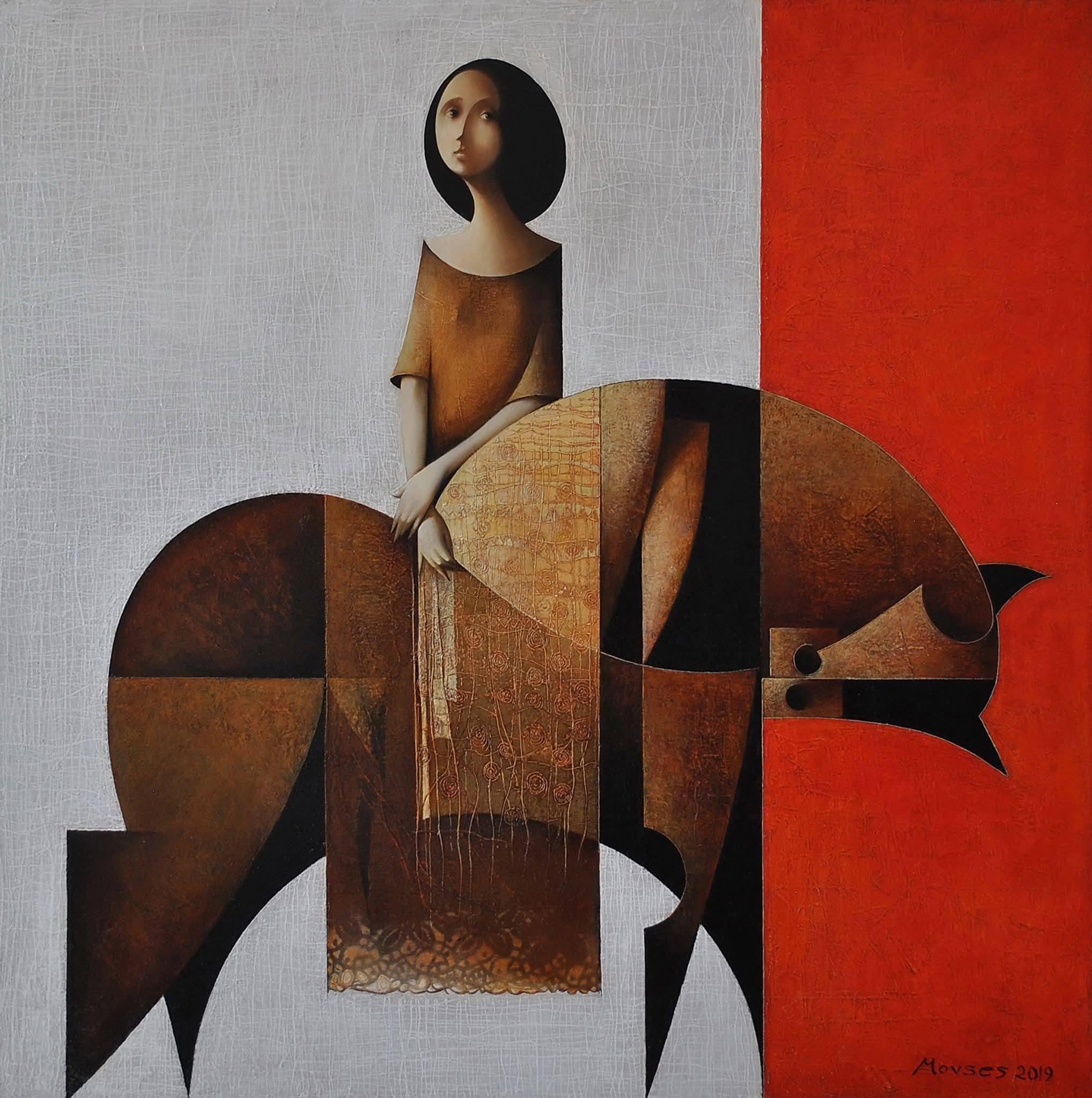 Femme assise sur un cheval stylisé aux formes géométriques brunes, panneau rouge à droite — Movses Poghosyan, 2019