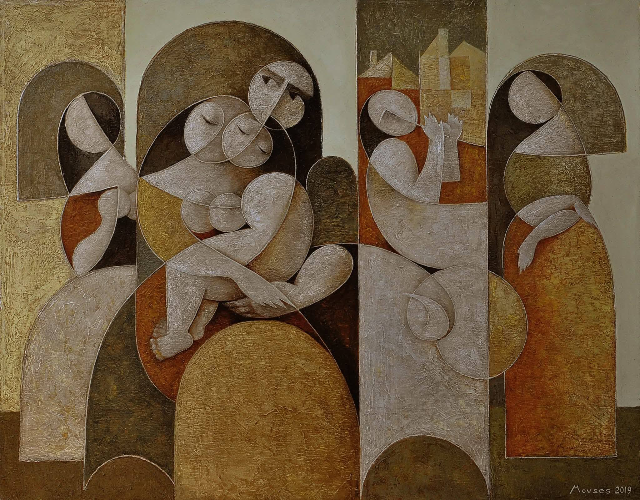 Famille réunie autour d'un enfant, arches et petites maisons, camaïeu d'ocres et de gris — Movses Poghosyan, 2019