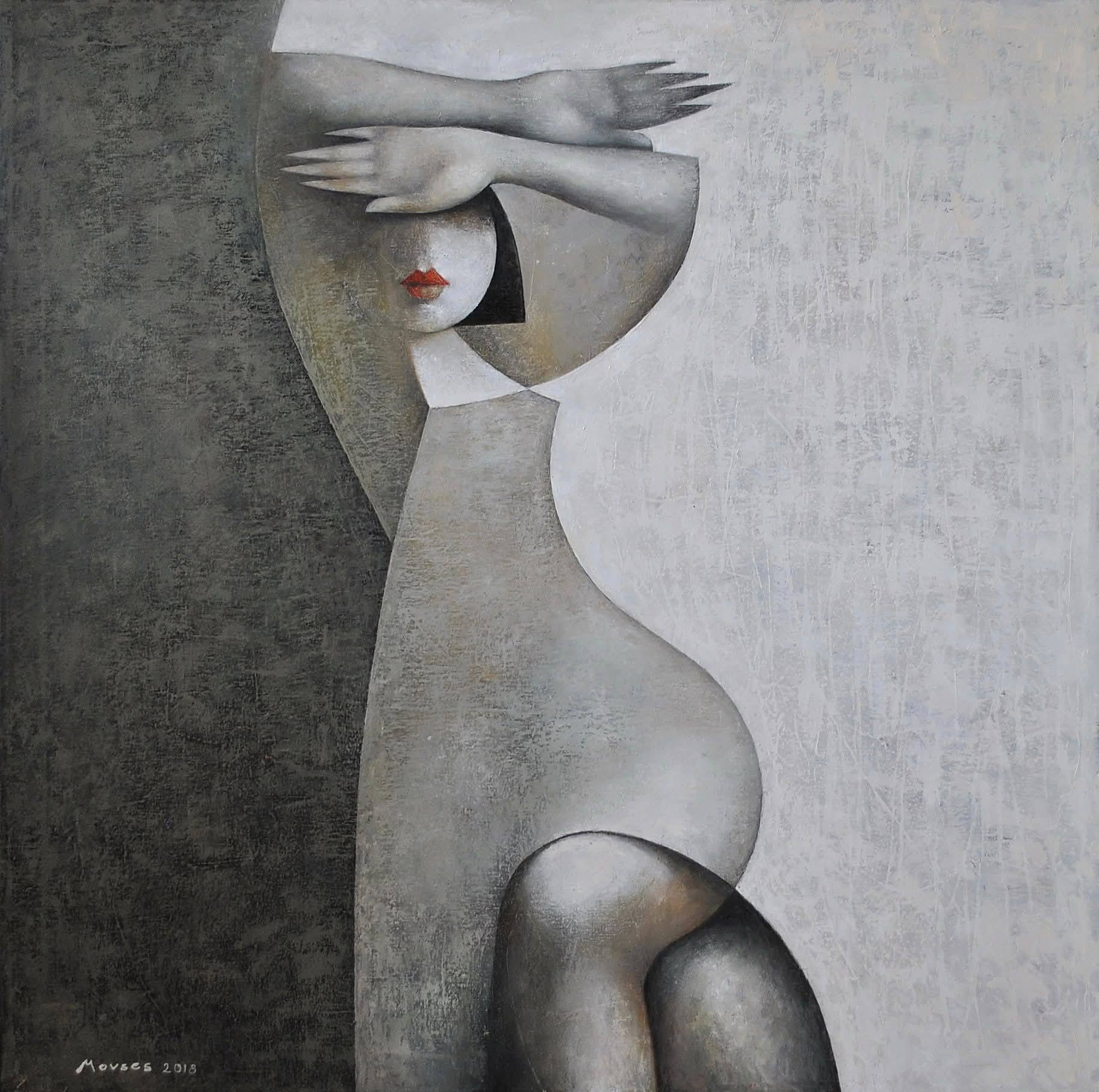 Figure grise se couvrant les yeux des bras, lèvres rouges, fond clair texturé — Movses Poghosyan, 2018