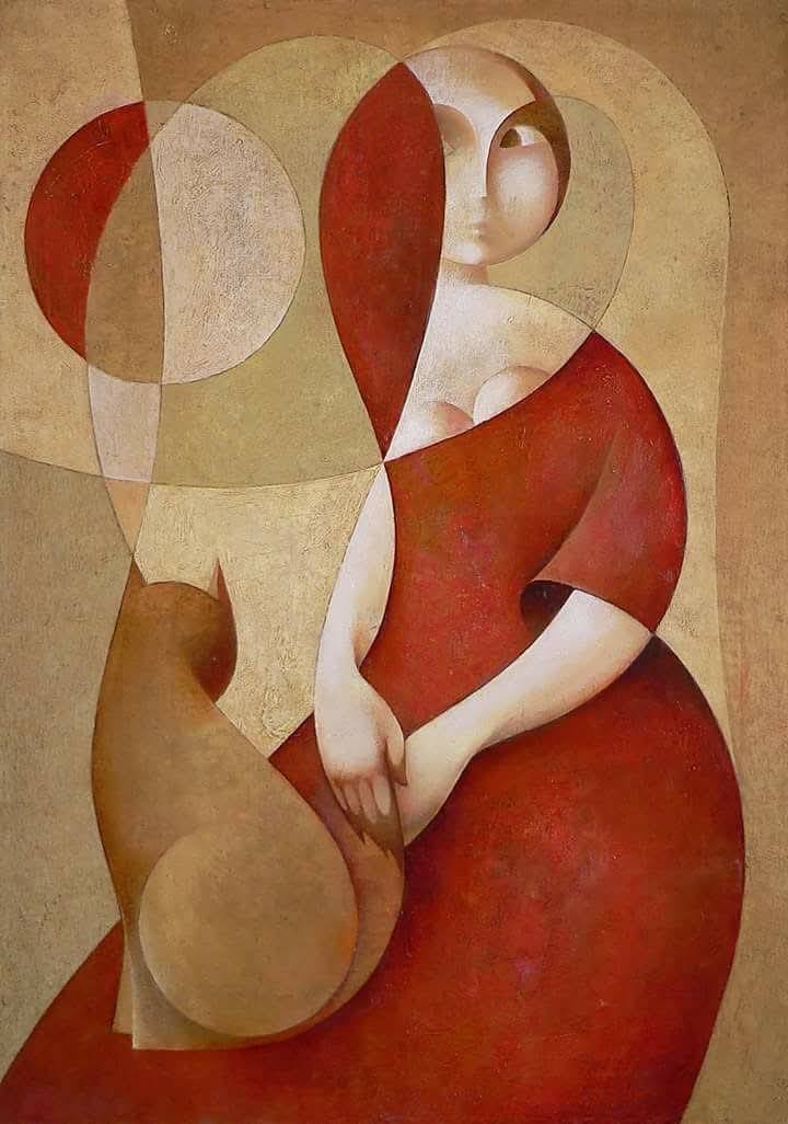 Mère en robe rouge tenant son enfant, formes arrondies et cercles sur fond ocre — Movses Poghosyan