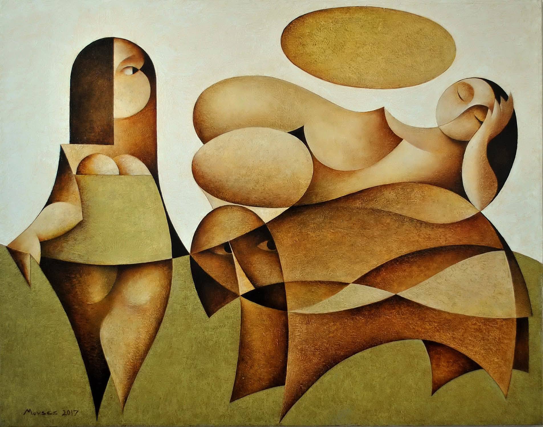 Figures alanguies dans l'herbe, formes cubistes en ocre et olive sur fond clair — Movses Poghosyan, 2017