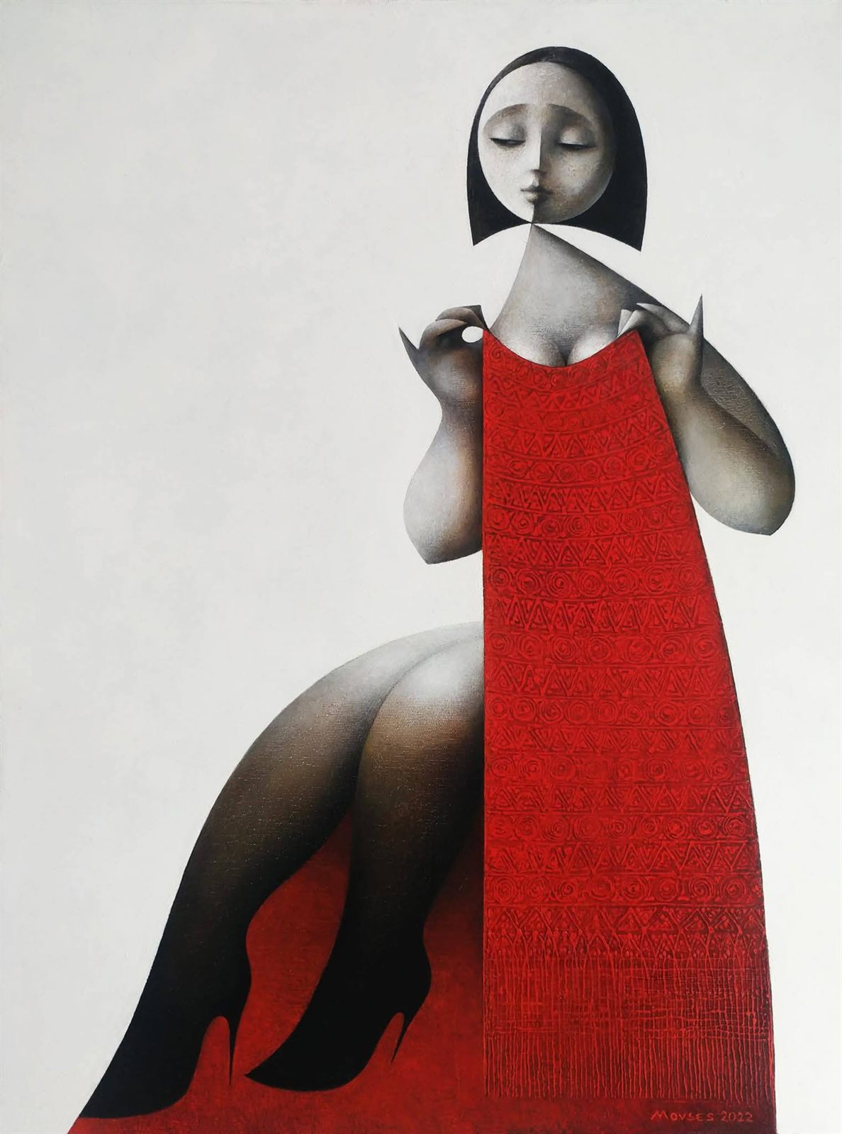 Figure féminine au visage partagé tenant un long drapé rouge orné, sur fond clair — Movses Poghosyan, 2022